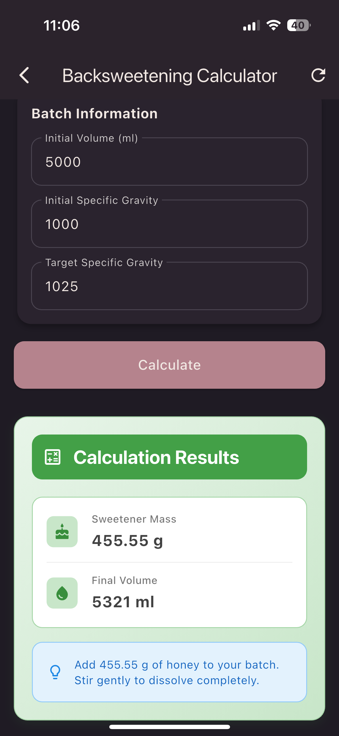 Fermolog app screenshot - Calculation tools